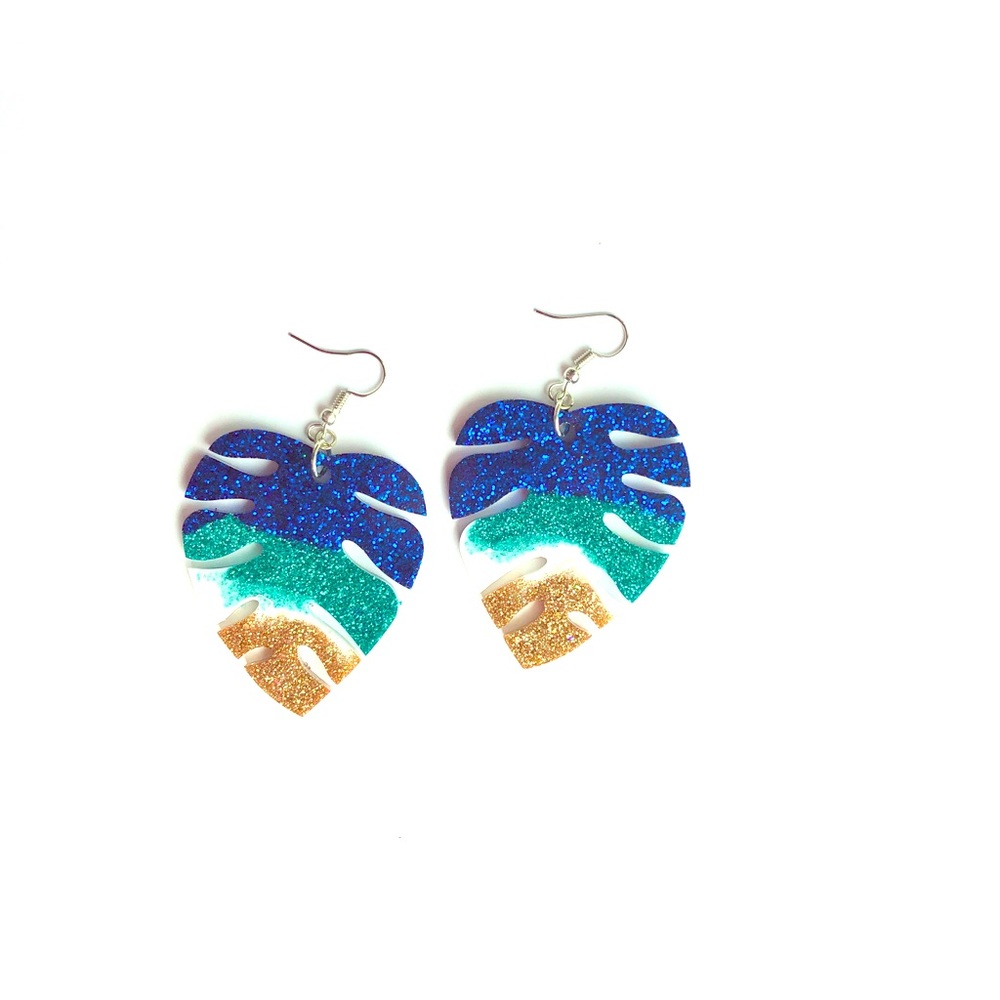 Monstera leaf glitter earrings, handmade